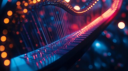Illuminated harp, concert, stage lights, bokeh background, music
