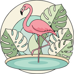 Pink Flamingo and Monstera Leaves by Pond Vector Illustration – Tropical Bird Art with Water and Botanical Circle Frame