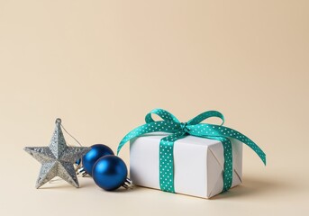 A white gift box with a green bow and blue ornaments