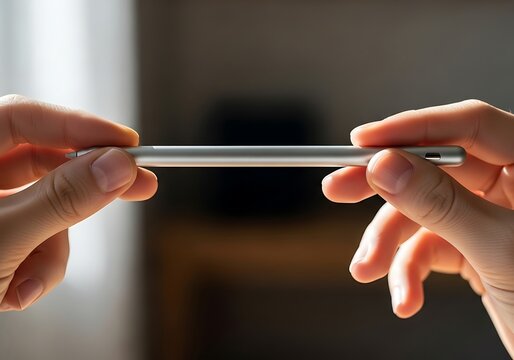 Balanced precision: Hands holding a sleek digital stylus against blurred background shows focus and control