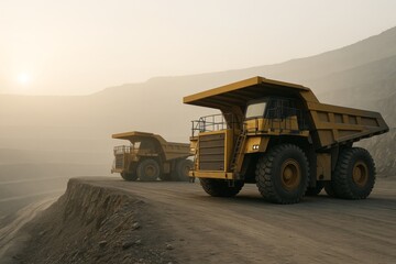 Obraz premium Two large mining dump trucks in dusty quarry landscape with soft morning light and industrial atmosphere in arid mountainous background. Ai generative