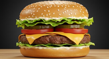 Appetizing cheeseburger with fresh lettuce, crunchy pickles, juicy tomato slices, and melted cheese on a sesame seed bun, a satisfying bite