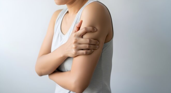 Woman feeling pain in her arm, ideal for healthcare campaigns and advertisements about muscular pain relief and body wellness for active lifestyle brands