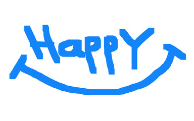 'Happy' with Smile written in blue front, hand-drawn doodle on white surface, unique and creative calligraphy design for various projects
