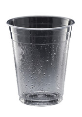 Empty, crystal-clear disposable plastic cup with condensation beads, microscopic precision, on transparent background with soft shadow under high-contrast studio lighting, extreme macro, concept of