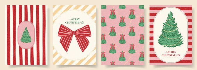 Fototapeta na wymiar Vintage Christmas and New Year posters. Trendy Christmas cards with bows, fir-trees, garlands, stripe patterns and typography design. Modern minimalist New Year flyers for branding, cover, ads.