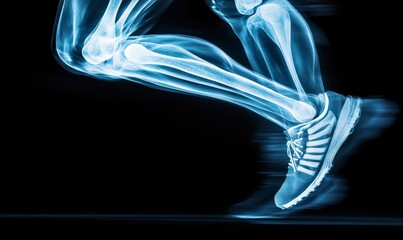 Fototapeta premium X-ray of an athletes injury during a run, focusing on joint pain or muscle strain. The image emphasizes the intersection of sports medicine, health assessment, and athletic recovery, Generative AI