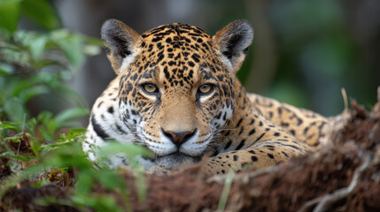 Leopard resting on forest floor with intense gaze and spotted fur pattern in natural habitat