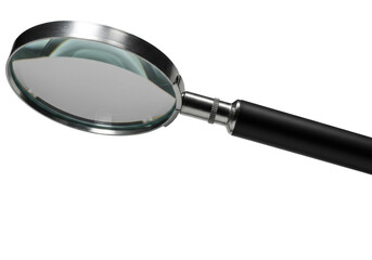 High-precision optical magnifying glass, gleaming silver frame and matte black handle, crystal-clear domed lens on transparent studio background, concept of superior craftsmanship
