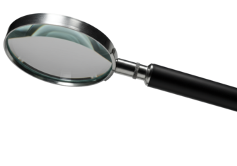 High-precision optical magnifying glass, gleaming silver frame and matte black handle, crystal-clear domed lens on transparent studio background, concept of superior craftsmanship