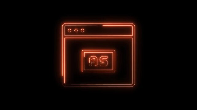 Glowing neon browser window with as text animation on black background