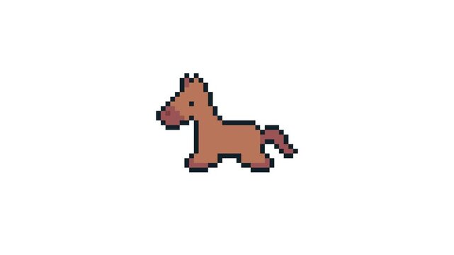 8-bit pixel art running brown horse character. looped animation 4k
