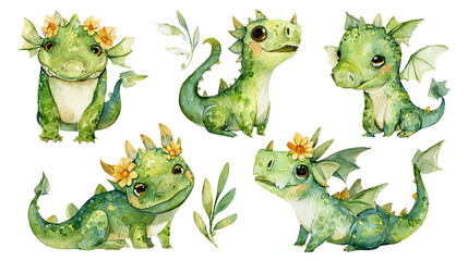 Watercolor Dragons: Playful Fantasy Creatures in Various Poses Against a Black Backdrop