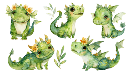 Watercolor Dragons: Playful Fantasy Creatures in Various Poses Against a Black Backdrop