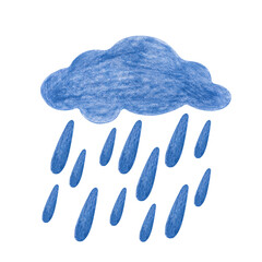 A dark blue cloud with rain is drawn with pencils. The colored pencil illustration is isolated on a white background. A child's drawing. For textiles, nursery wallpaper, packaging. Clipart.