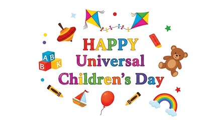 Happy universal childrens day with toys and kites isolated on white background