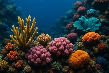 Fototapeta premium Colorful coral reef with vibrant marine life under clear blue water background, displaying various textures and light effects in deep sea environment. Ai generative