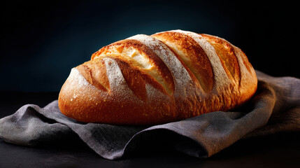 Freshly baked bread loaf with golden crust resting on dark cloth, evoking warmth and rustic comfort in cozy setting
