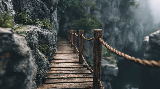 A narrow wooden footbridge with rope railings crosses a rocky gorge surrounded by moss-covered cliffs and misty forest ambiance. - Powered by Adobe