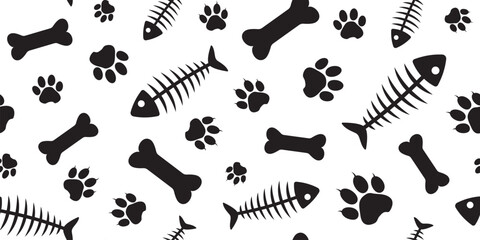 Animal paw print seamless pattern, cat and dog foot, fish skeleton and bone background. Cartoon black silhouette shape footprint and food bg, zoo stamp trace wallpaper. Simple vet vector illustration