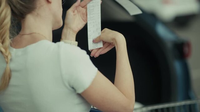 Calculating money . Shopper checks paper receipt	