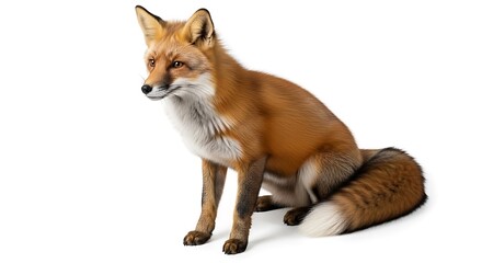 Fototapeta premium Captivating portrait of a red fox perched gracefully against a seamless white backdrop showcasing its vibrant fur and