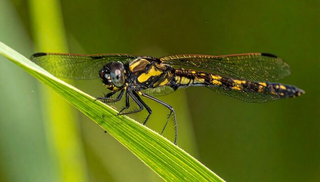 Close-up of a colorful dragonfly on a blade of grass