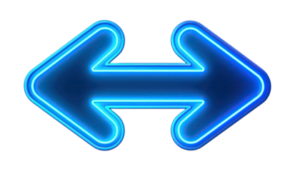 Glowing neon curved arrow pointing left and right bright directional sign navigation indicator artwork isolated on white background