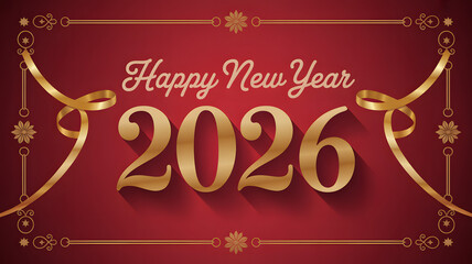 Happy New Year 2026 Gold Lettering with ribbon