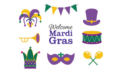 Mardi Gras Clipart – Carnival Masks, Crowns, Drums, Hats, Feathers & Party Decorations in Purple, Green, and Gold