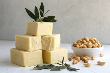 Artisanal cheese blocks stacked with olive leaves and cashew nuts