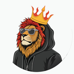 A cool lion wearing sunglasses and a crown, dressed in a hoodie.