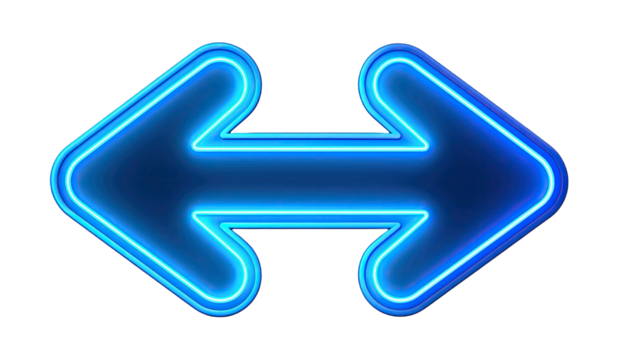 Glowing neon curved arrow pointing left and right bright directional sign navigation indicator artwork isolated on white background