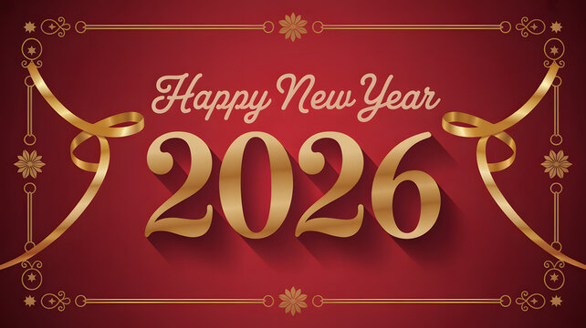 Happy New Year 2026 Gold Lettering with ribbon