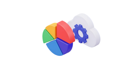 Colorful pie chart and gear symbol on black background representing data and mechanics