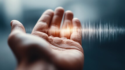 A close-up of an open hand with a glowing, digital soundwave hovering above the palm, symbolizing audio technology and human interaction.