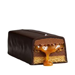 Luxurious dark chocolate ganache bar with obsidian glaze, oozing amber caramel, shortbread base. Extreme macro, studio light on transparent. Decadent dessert concept