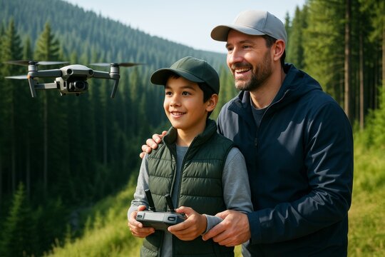 Father and son flying drone together in forest on sunny day with green pine trees and mountain background, enjoying outdoor technology learning.. Ai generative - Powered by Adobe