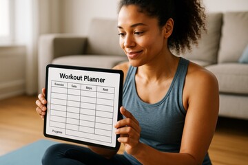 Smiling woman in sportswear holding digital workout planner tablet at home with light background, promoting fitness and health planning concept. Ai generative