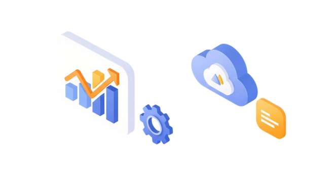 Isometric digital analytics chart with cloud and gear icons