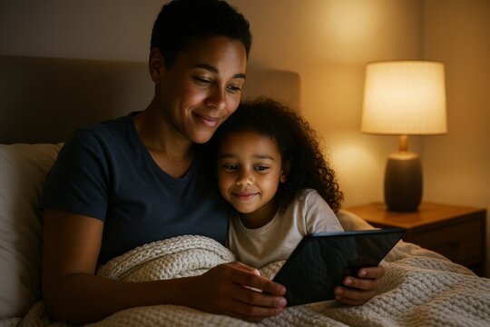 Mother and daughter cuddling in bed and watching something on digital tablet by warm lamplight in cozy bedroom interior at night time. Ai generative