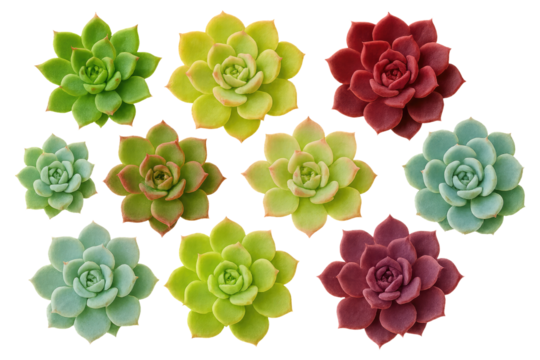 Assortment of Ten Colorful Succulent Plants Arranged in Rows on a Black Background rosette echeveria isolated on a transparent background