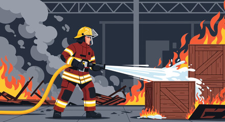 Brave firefighter extinguishing dangerous warehouse blaze with focused water stream