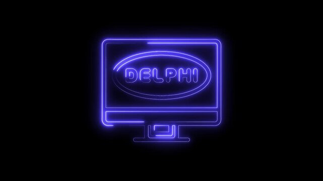 Glowing neon delphi logo on black screen background computer monitor symbol animation
