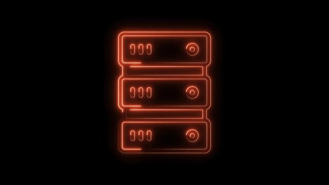 Neon stacked server data storage animated icon on black background for technology concept