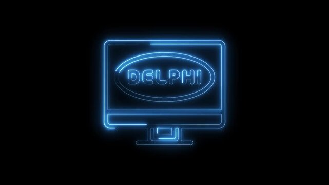 Glowing blue outline of delphi logo displayed on computer screen animation on black
