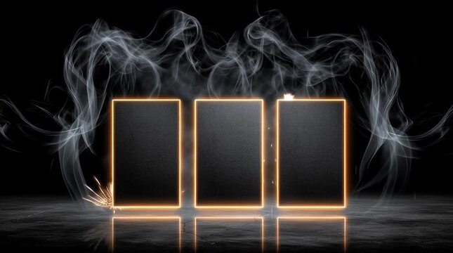 Illuminated Screens and Ethereal Smoke: Captivating a futuristic aesthetic, three sleek, glowing frames float within an abstract atmosphere of smoky tendrils, representing technological elegance.