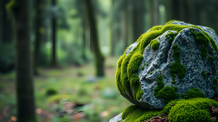 A close-up image of a stone covered in green moss set against a blurred forest backdrop, providing natural background with space to incorporate your design elements