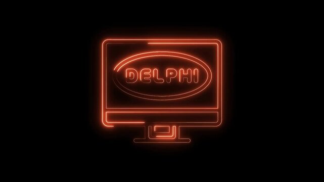 Glowing delphi logo on a retro computer monitor with neon effect on black background