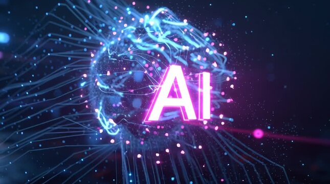  with a neon-glowing AI logo surrounded by interconnected neural networks, against a cosmic background.
